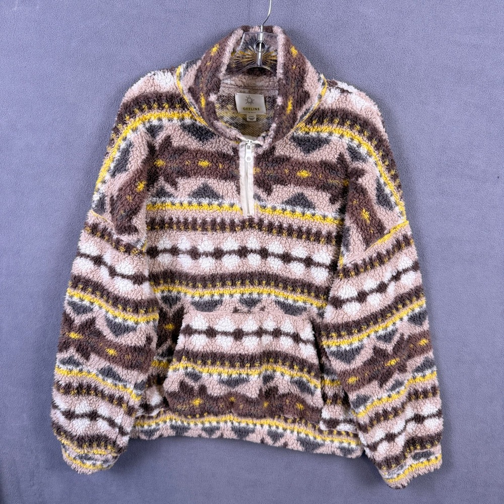 Offline by Aerie Fleece Pullover Women XL Brown Fair Isle Quarter Zip Sherpa